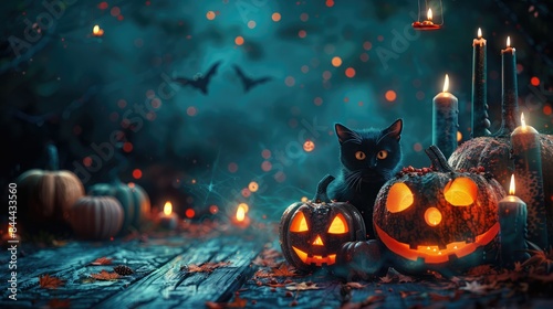 Spooky Halloween night scene with glowing Jack-O'-Lanterns, a black cat, bats, and candles on a wooden floor surrounded by autumn leaves.