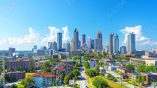 Attractive Downtown Atlanta Skyline showing several prominent buildings and hotels under a blue sky