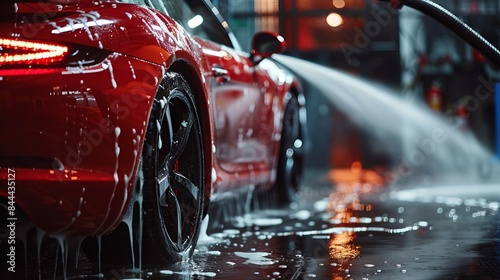 A car wash expert uses a powerful water pressure washer to clean a modern red sports car. He sprays away the shampoo, preparing it for detailing. The photo captures the moment with a low-key setup.