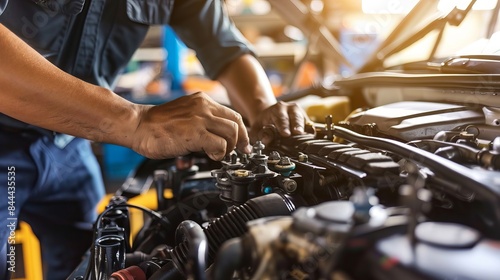 A mechanic is working on a car engine. He is checking the machinery and fixing it. The mechanic is working in an auto repair shop. He is making sure the car is in good condition.