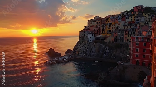 a serene coastal landscape featuring a large rock and calm waters, with a vibrant orange and blue sky and a bright yellow sun shining in the distance a red building stands out in the fore