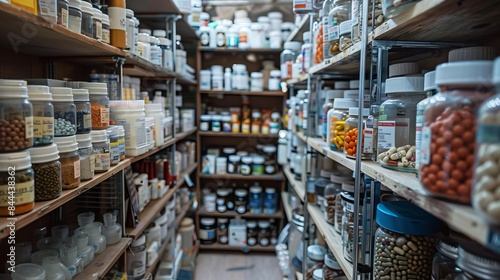 Inside a quiet pharmacy, shelves are stocked with jars filled with medicines, painkillers, and other remedies. The store is empty, without any staff or customers, creating a sense of solitude.