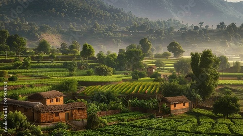 Nestled in rural India, a lush agricultural field stretches out, dotted with humble mud houses. The focus of the photo captivates the viewer's eye, drawing attention to the serene landscape.