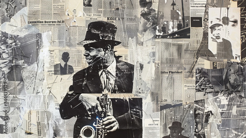 A collage of newspaper clippings with a man playing a saxophone