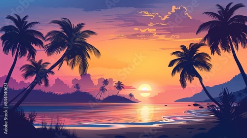 A beach scene as the sun sets with palm trees in silhouette.