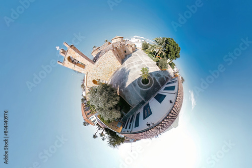 Tiny planet panorama of a medieval Church of Virgin Mary Chrisaliniotissas. Nicosia, Cyprus