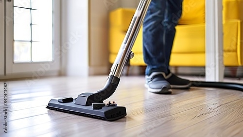 The vacuum cleaner is used on a wooden floor. The nozzle of the vacuum cleaner is actively collecting dust from the floor. A part of a man's leg with a vacuum cleaner is also visible in the frame.