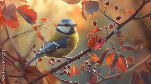 A common blue tit perches on a branch, surrounded by leaves. The background is blurred.