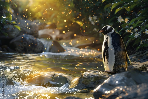 Illustration of Penguin basking in the sunlight beside a sparkling water stream, tranquil, serene, photorealistic, vibrant nature. Ai Generate.