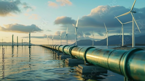 A hydrogen pipeline with wind turbines in the background, illustrating the green hydrogen production concept