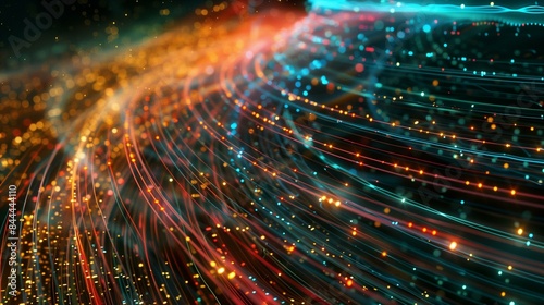 Glowing particles form dynamic network flow data information digital system, bandwidth communication technology privacy