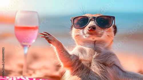 A small animal wearing sunglasses and holding a wine glass. The scene is set on a beach, with the animal looking relaxed the sun. meerkat at the beach, wearing sunglasses an drinking a glass of wine