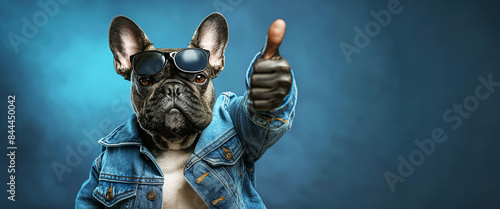 A dog wearing sunglasses and a denim jacket is giving a thumbs up. fun and lighthearted mood, as the dog is dressed up and he is enjoying himself. winking cool french bulldog wearing denim, thumbs up
