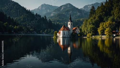 Church on island reflected in waters of Bled Lake.