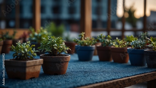 A collection of potted plants resting atop a blue carpet on a wooden table near a construction.