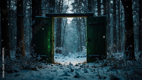 Winter landscape in the forest, a portal with a mysterious green glow in the form of a door.