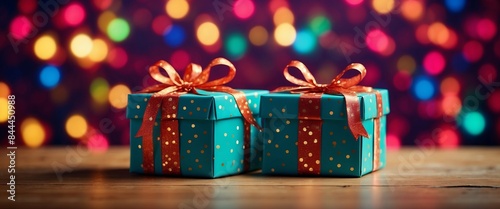 Two present boxes with dots wrapped with bright ribbon on colorful background Festive and holiday theme.
