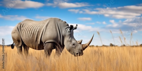 Rhinoceros rhino animal mammal wild grazing on the savannah africa wild nature outdoor field meadow landscape scene