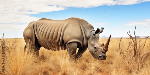 Rhinoceros rhino animal mammal wild grazing on the savannah africa wild nature outdoor field meadow landscape scene