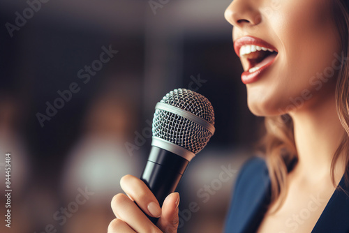 Generative AI illustration motivational speaker with microphone in hand in front of audience at conference room