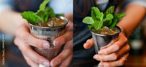Close-up image of two mint juleps being held in hands, with mint leaves and ice visible in the silver cups