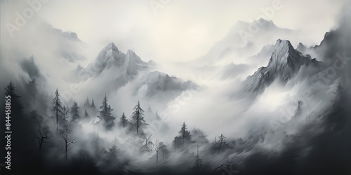 charcoal pencil drawing paint sketch of mountains cowered in mist with forest trees. Nature outdoor adventure travel landscape background scene view