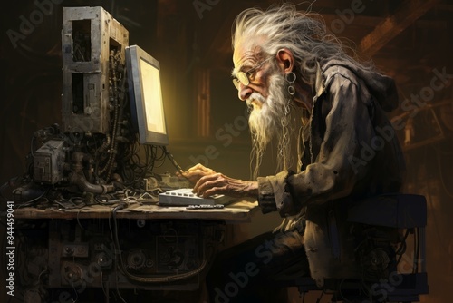 Aged man with long hair engrossed in using a vintage computer amidst a dim, moody backdrop