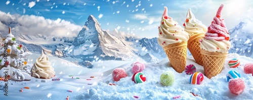 Ice Cream Cones in Snowy Mountain Landscape