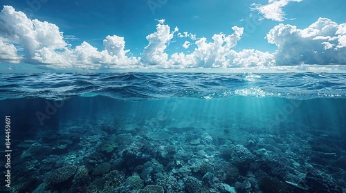Blue ocean split view with coral reef and sky