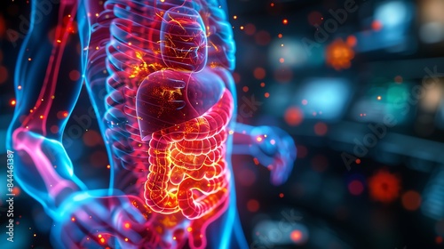 Vector of proteins and enzymes in the intestines aiding food digestion postdetox, with nutrient particles highlighted