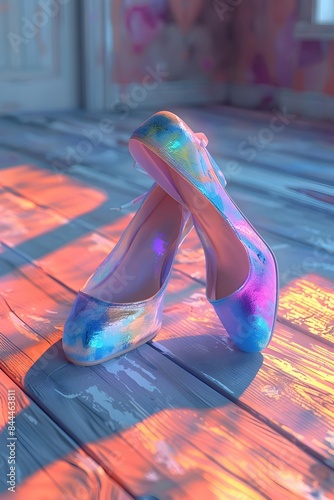 Elegant Ballet Slippers in Vibrant Pastel Colors on Impressionistic Wooden Floor