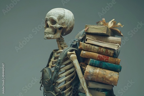 Ghostly Skeleton Carrying Backpack Filled with Academic Symbols and Learning Materials in Dark Academia Style