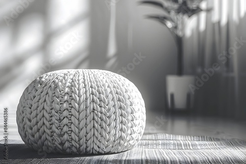 Minimalist Knitted Pouf with Japandi-Style Patterns in Sleek Modern Living Space