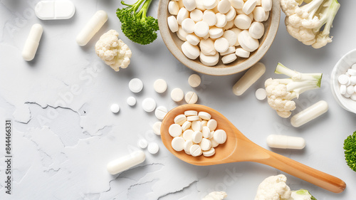 A mix of white pills and cauliflower florets on a light surface, highlighting natural health supplements and nutrition.
