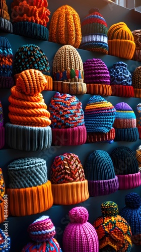 Vibrant and Diverse Hats and Beanies with Intricate Patterns and Textures in a Minimalist Studio Setting