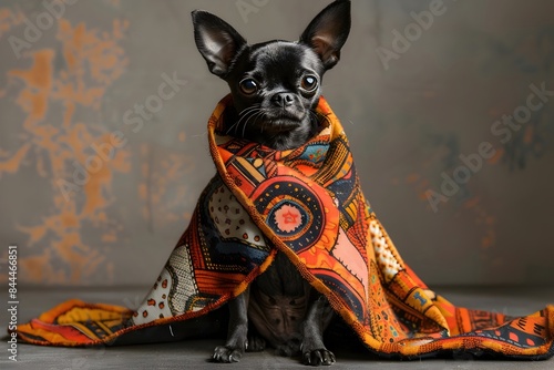 Vibrant Patterned Pet Poncho in Cinematic Studio Setting with Miniature Fashionable Dog Accessory