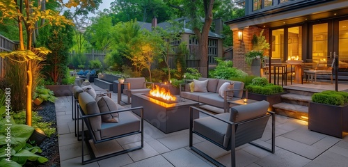 Elegant outdoor terrace featuring modern furniture and a cozy fire pit under evening lights. 