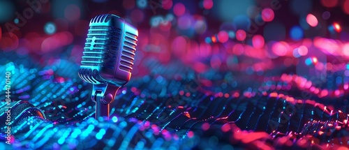 Neonlit microphone on digital wave terrain, audio waves, vibrant blue and purple colors, futuristic and high detail, 3D render 8K , high-resolution, ultra HD,up32K HD