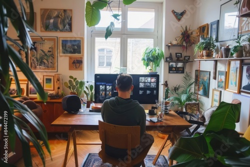 A digital nomad participating in a virtual meeting from a stylish house with a well decorated interior and comfortable workspace