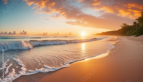 A serene beach scene at sunrise, with gentle waves lapping the sandy shore. The sky is ablaze with warm hues of orange, pink, and gold, reflecting off the water and creating a peaceful atmosphere. 