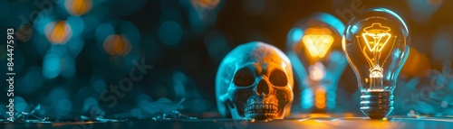 Creative concept of human skull and light bulbs with glowing filaments on reflective surface against blurred background, innovation idea concept.