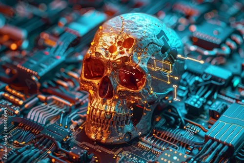 Futuristic digital skull with glowing circuits on a microchip background, symbolizing the intersection of technology and mortality.