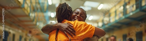 Inmates celebrating a successful parole hearing, hugs and cheers, vibrant communal area