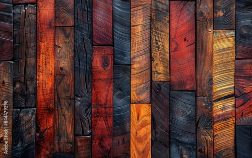Colorful wooden planks with a rustic texture, arranged vertically. The vibrant hues highlight the natural grain and beauty of the wood.