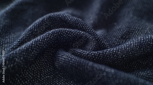 A macro shot focusing on the intricate weave of fabric in a blank navy blue t-shirt, highlighting its fine craftsmanship and potential for custom design.