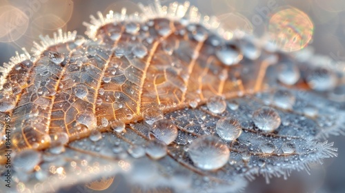 A detailed close-up of frost crystals on a leaf, capturing the intricate patterns and sparkling beauty of the ice. The macro perspective reveals the delicate nature of frost and the transient beauty