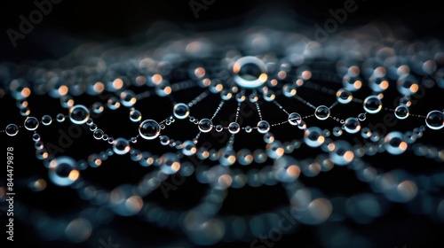 A macro photograph of water droplets on a spider web, creating a natural necklace of shimmering beads. The close-up view highlights the delicate beauty and geometric perfection of the web