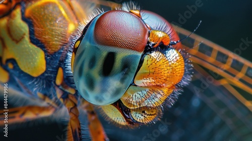 An extreme close-up of a dragonfly's compound eye, capturing the complex patterns and reflective surfaces. The macro view highlights the unique structure and intricate beauty of this insect