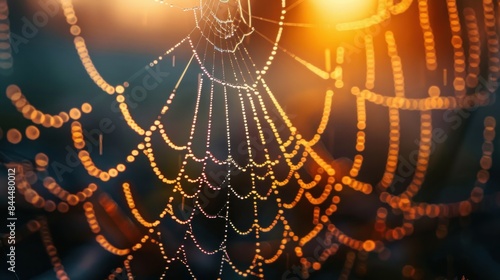 A detailed close-up of a dew-covered spider web at dawn, with the fine threads and sparkling droplets in clear focus. The macro perspective reveals the intricate craftsmanship and natural beauty of
