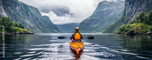 Solo kayaker navigating a serene fjord with towering mountains on both sides, capturing the essence of adventure and tranquility.